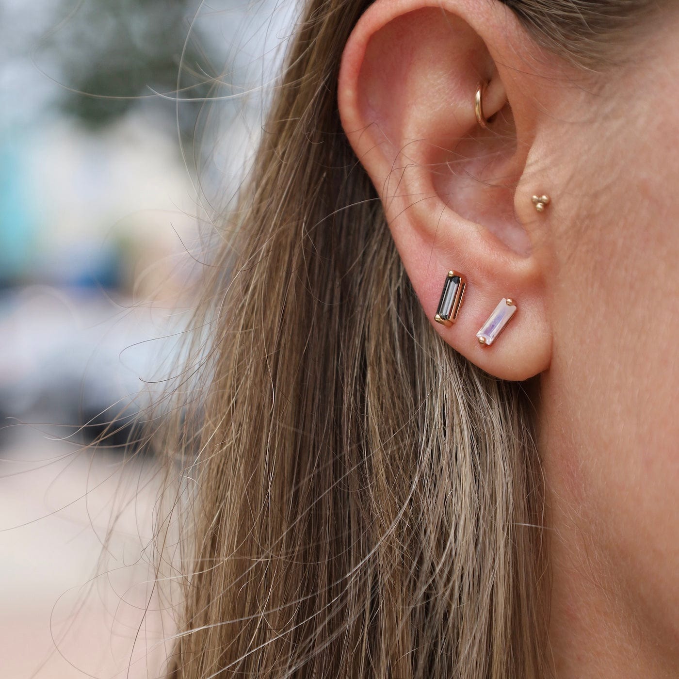 EAR-14K Yellow Gold Black Night Quartz Baguette Earrings