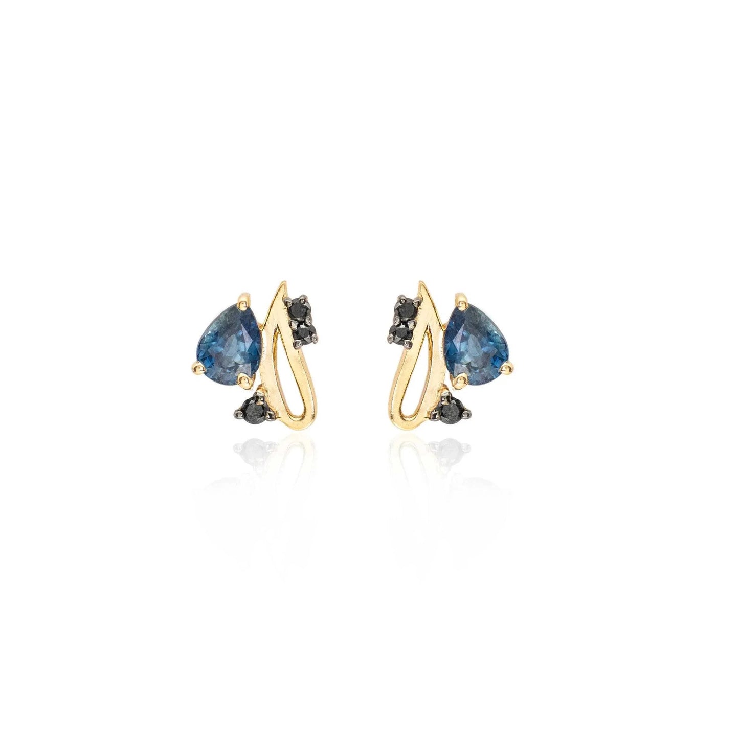 EAR-18K 18k Gold Davaki Studs -  Dark Blue Sapphire Teardrop with Black Diamonds