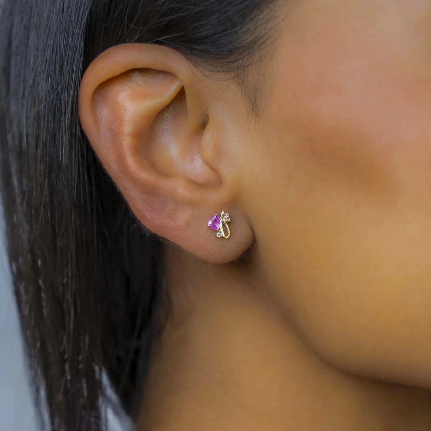 EAR-18K 18k Gold Davaki Studs -  Pink Sapphire Teardrop with White Diamonds