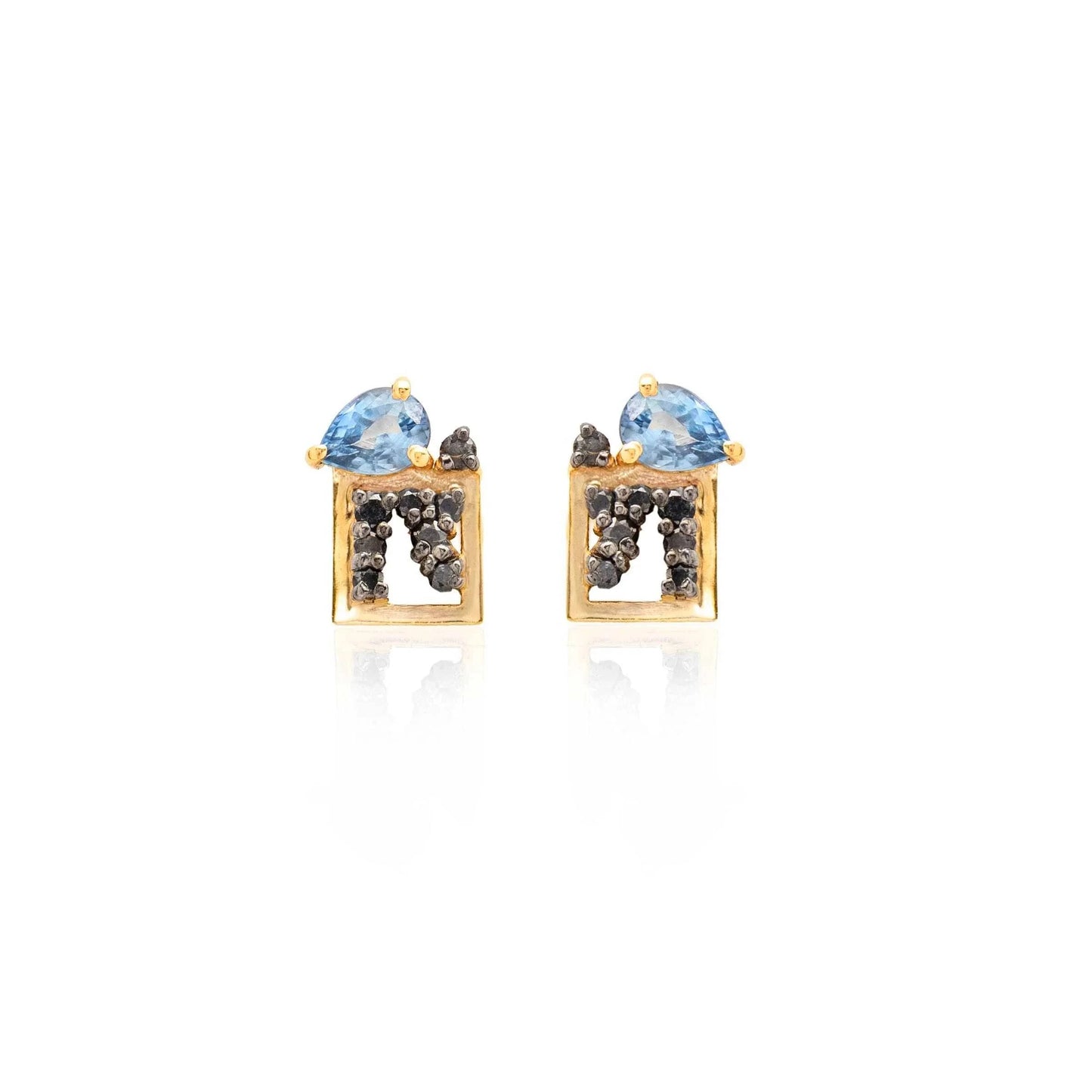 EAR-18K Ceres Studs - 18k Yellow Gold Blue Sapphire Teardrop with Black Diamonds