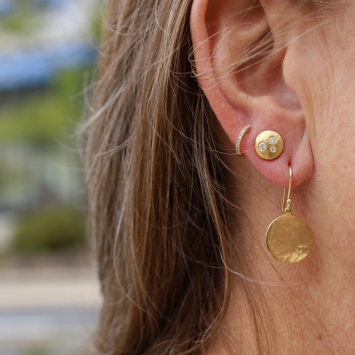 EAR-18K Hammered Disc Coin Drop Earrings