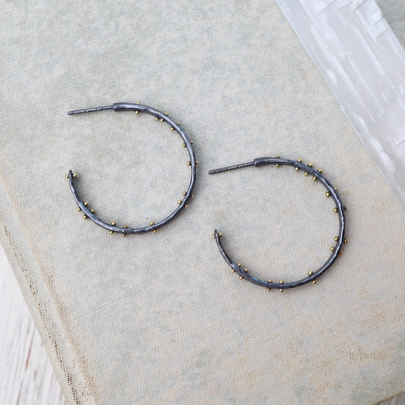 EAR-18K Medium Scattered Dot Hoops - Oxidized Silver with 18k Gold Dots