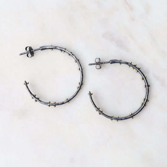EAR-18K Medium Scattered Dot Hoops - Oxidized Silver with 18k Gold Dots