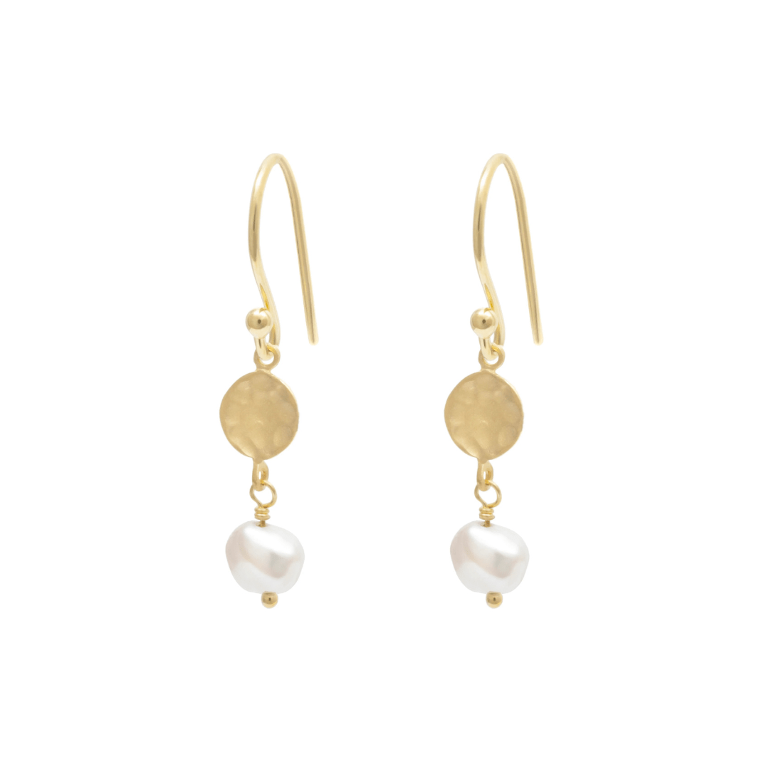 EAR-18K Nugget Pearl Drop Hammered Disc Earrings