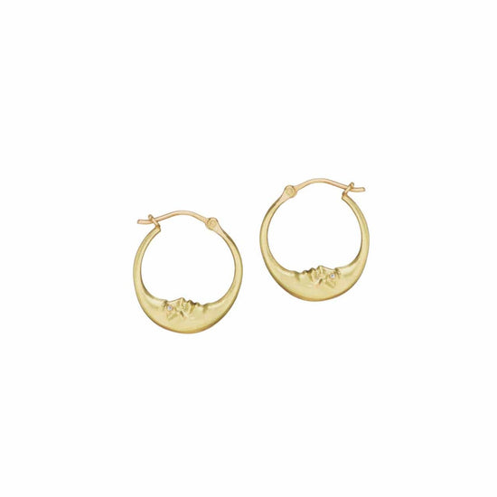 EAR-18K Small Crescent Moon Hoop Earrings. 18k Yellow Gold