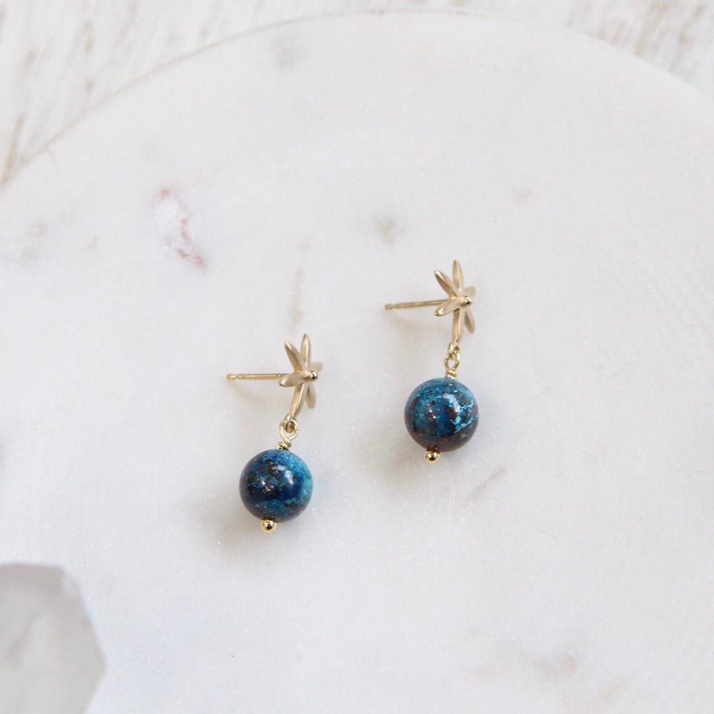 EAR-18K Star Post Earring w/ Gemstone Ball Drop