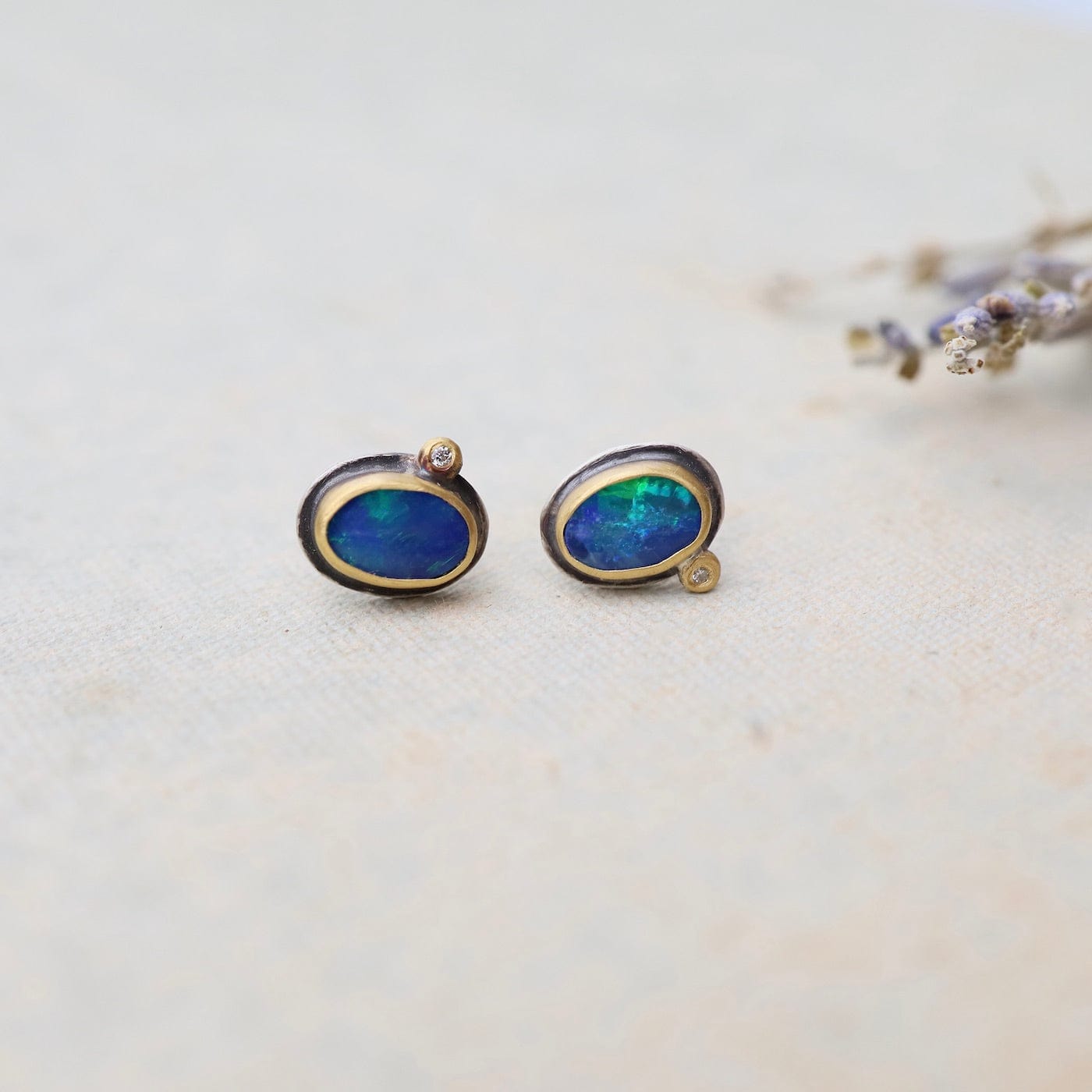 EAR-22K Australian Opal with Diamond Dot Stud Earrings