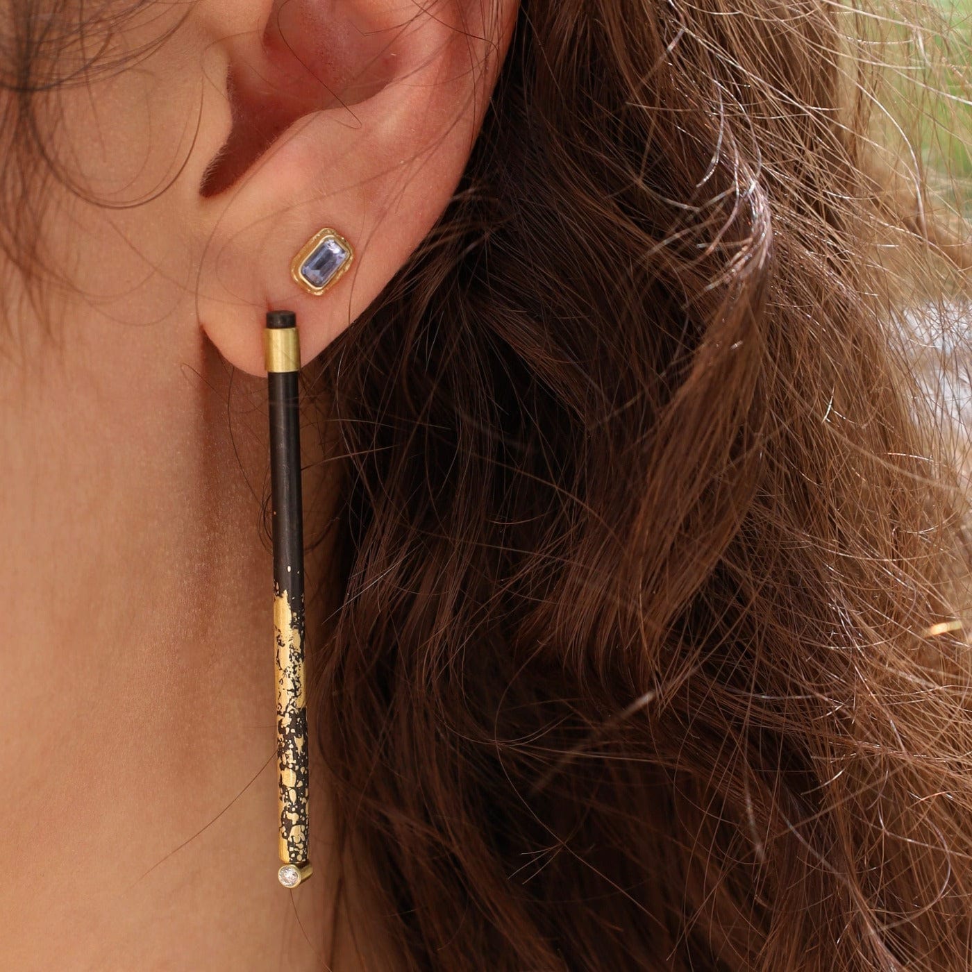 EAR-22K Pat Flynn Iron Medium Diamond Stick Earrings | 22k Gold Dusted with Single Diamond