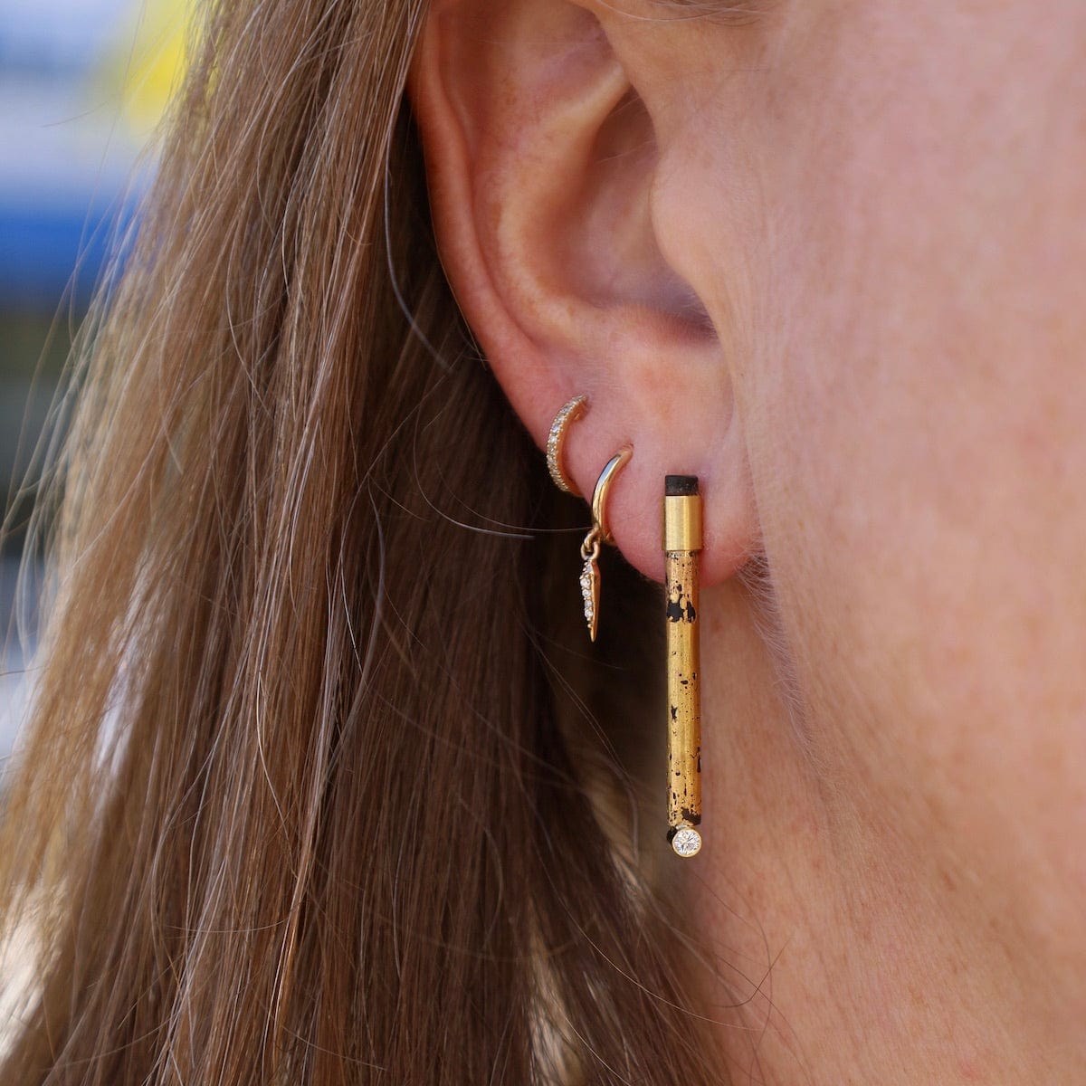 EAR-22K Pat Flynn Iron Small Diamond Stick Earrings ~ 22k Gold Dusted