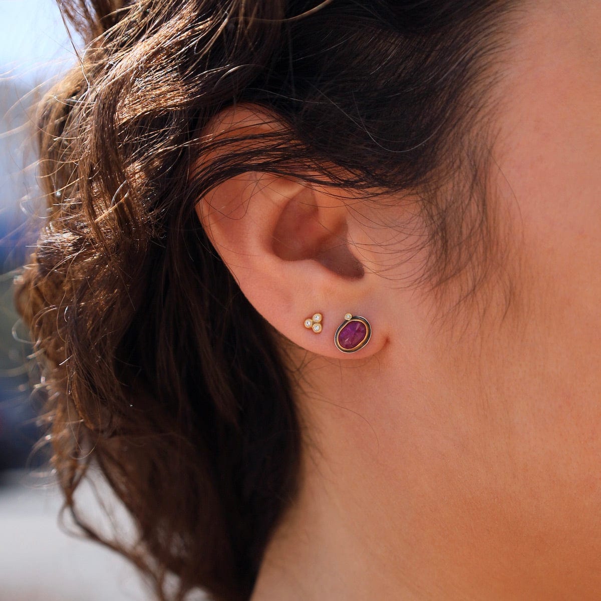 EAR-22K Rose Cut Ruby with Diamond Dot Stud Earrings
