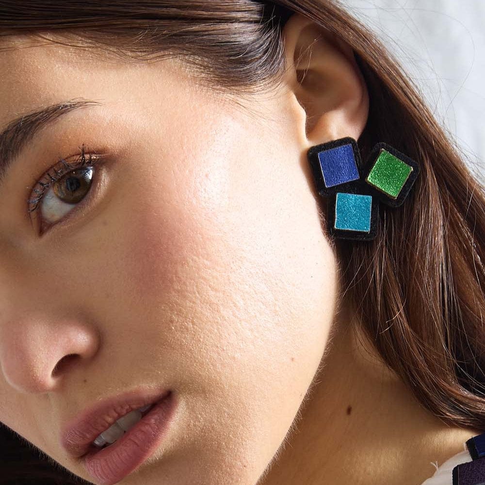 EAR 3 Squares Blue Green Rainbow Earrings
