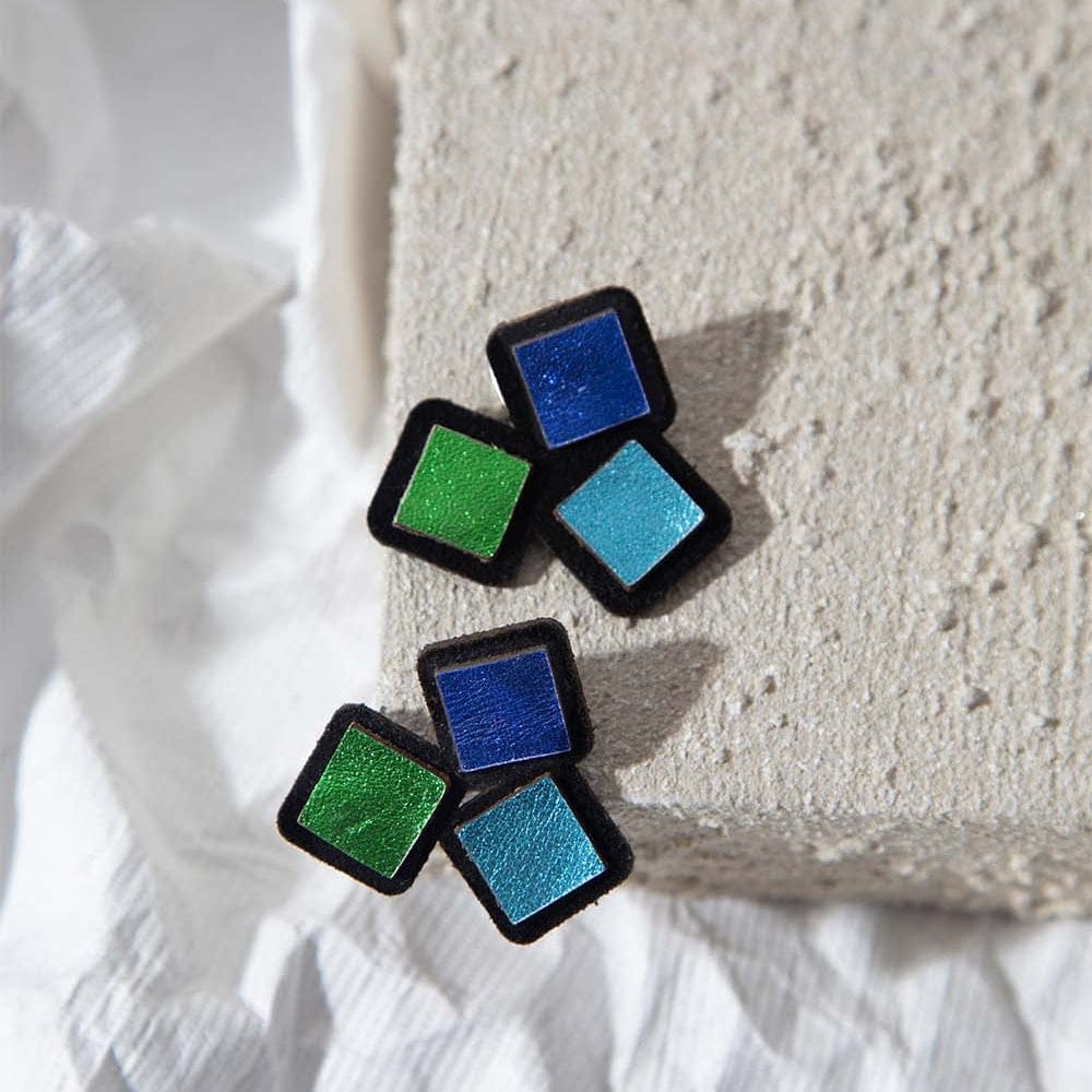 EAR 3 Squares Blue Green Rainbow Earrings