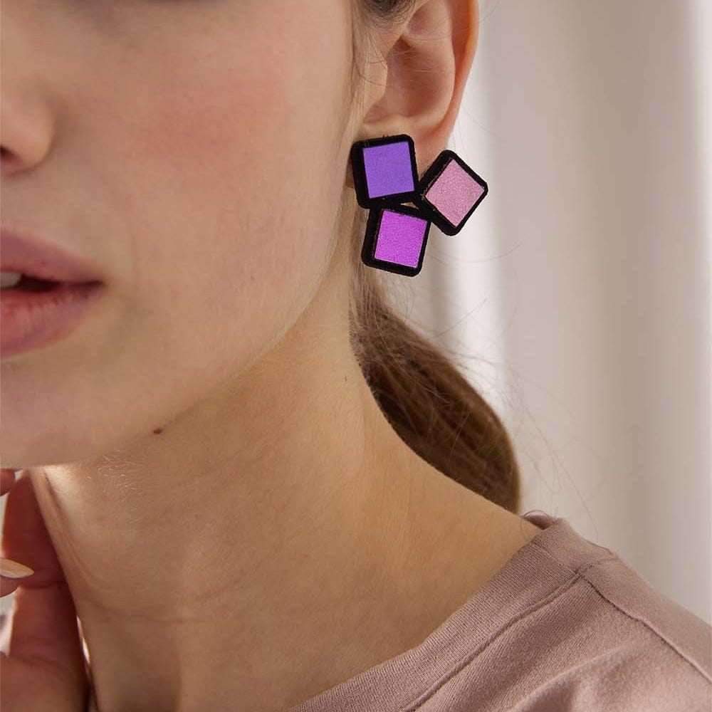 EAR 3 Squares Fuchsia Rainbow Earrings