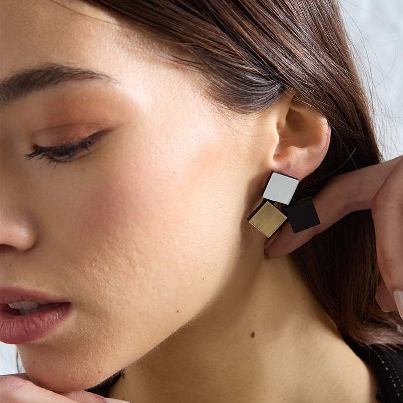 EAR 3 Squares Silver Black Gold Bauhaus Earrings
