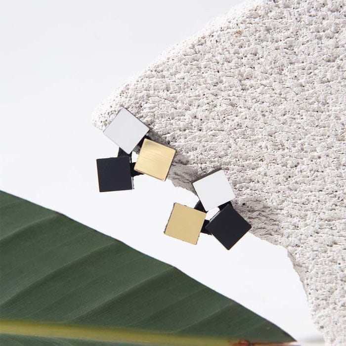 EAR 3 Squares Silver Black Gold Bauhaus Earrings
