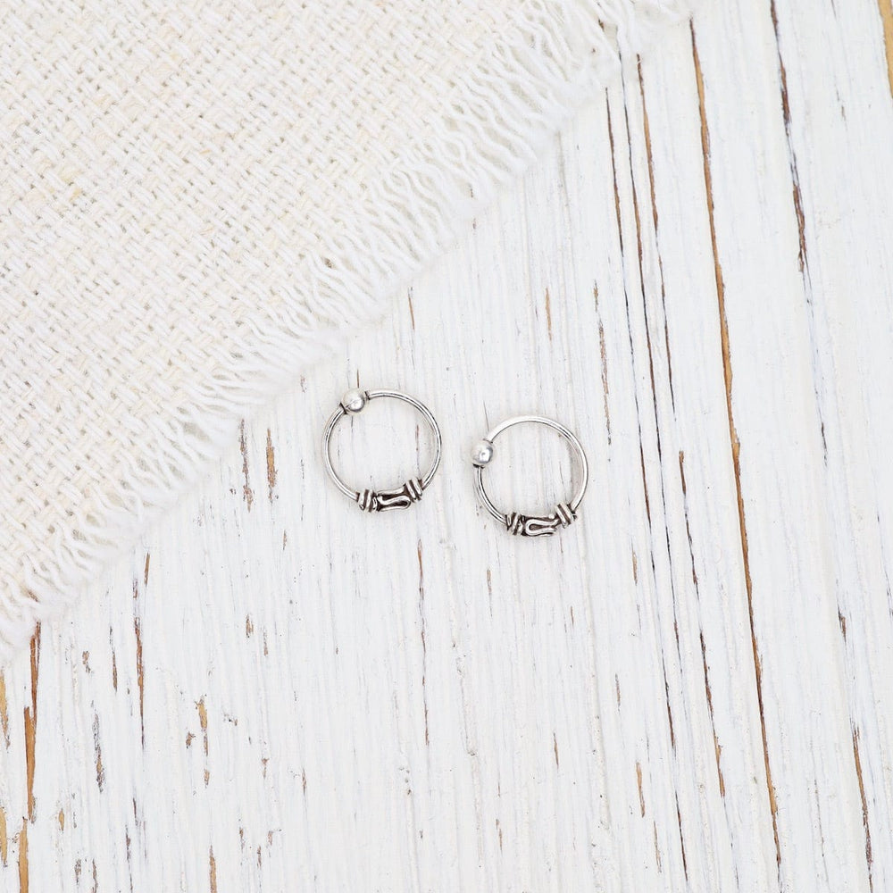 
                      
                        EAR 8mm Sterling Silver Sleeper Hoops with Oxidized Bali Detail
                      
                    