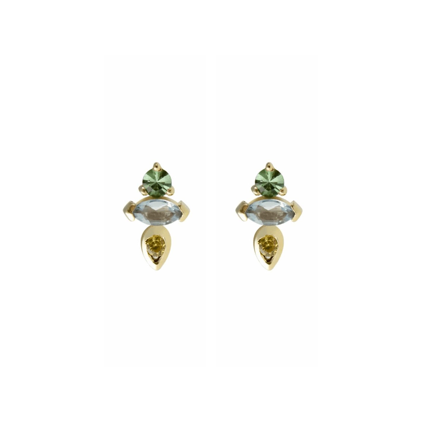 EAR-9K 9k Yellow Gold 7AM Studs - Aquamarine, Yellow Sapphire & Mint Tourmaline