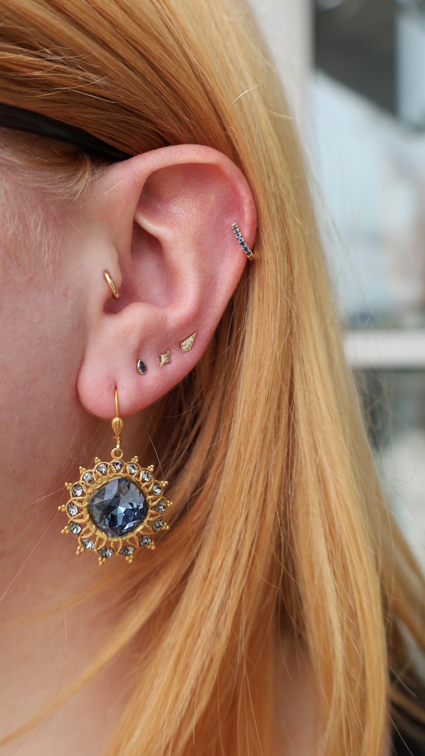 EAR-9K Blue Sapphire Mini Bezel Set Pear Gemstone Earring