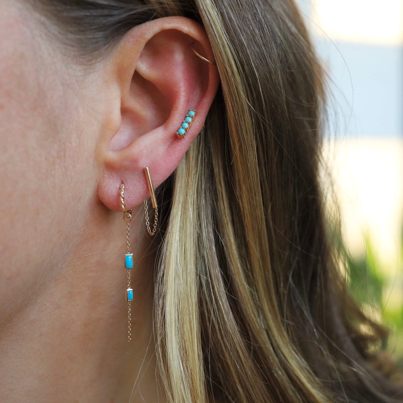 EAR-9K Double Turquoise Baguette Plaque + Twist Clicker Hoop - Single Earring