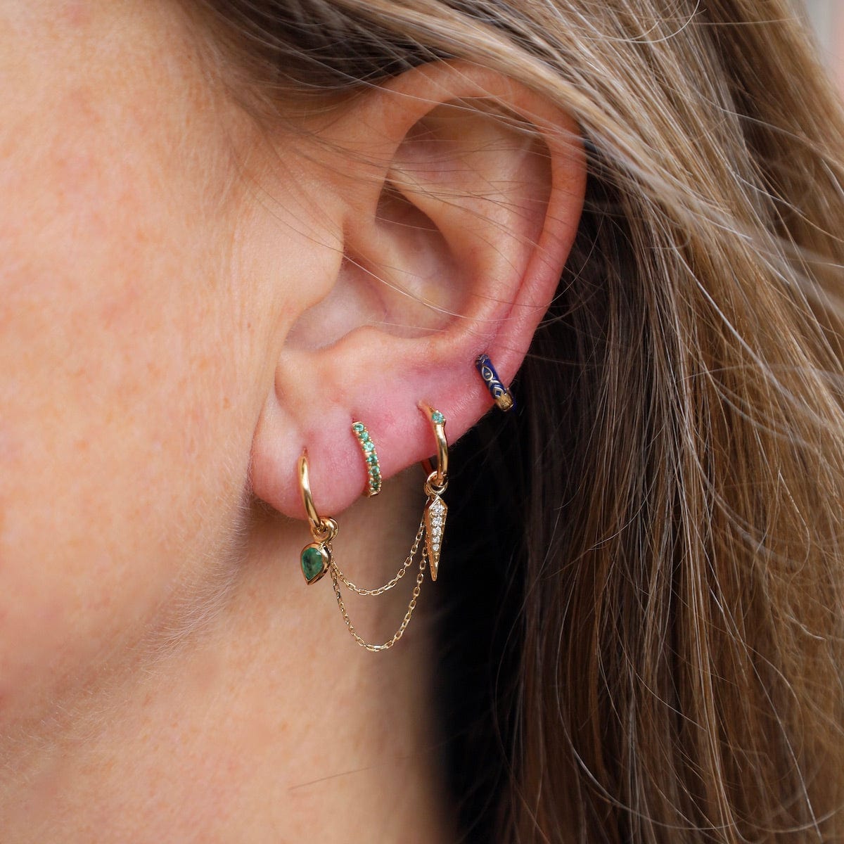 EAR-9K Original Clicker Hoop + Pear Cut Emerald Plaque - Single Earring