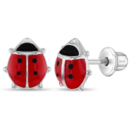 EAR Adorable Red Enamel Ladybug Girl Earrings - Screw Back