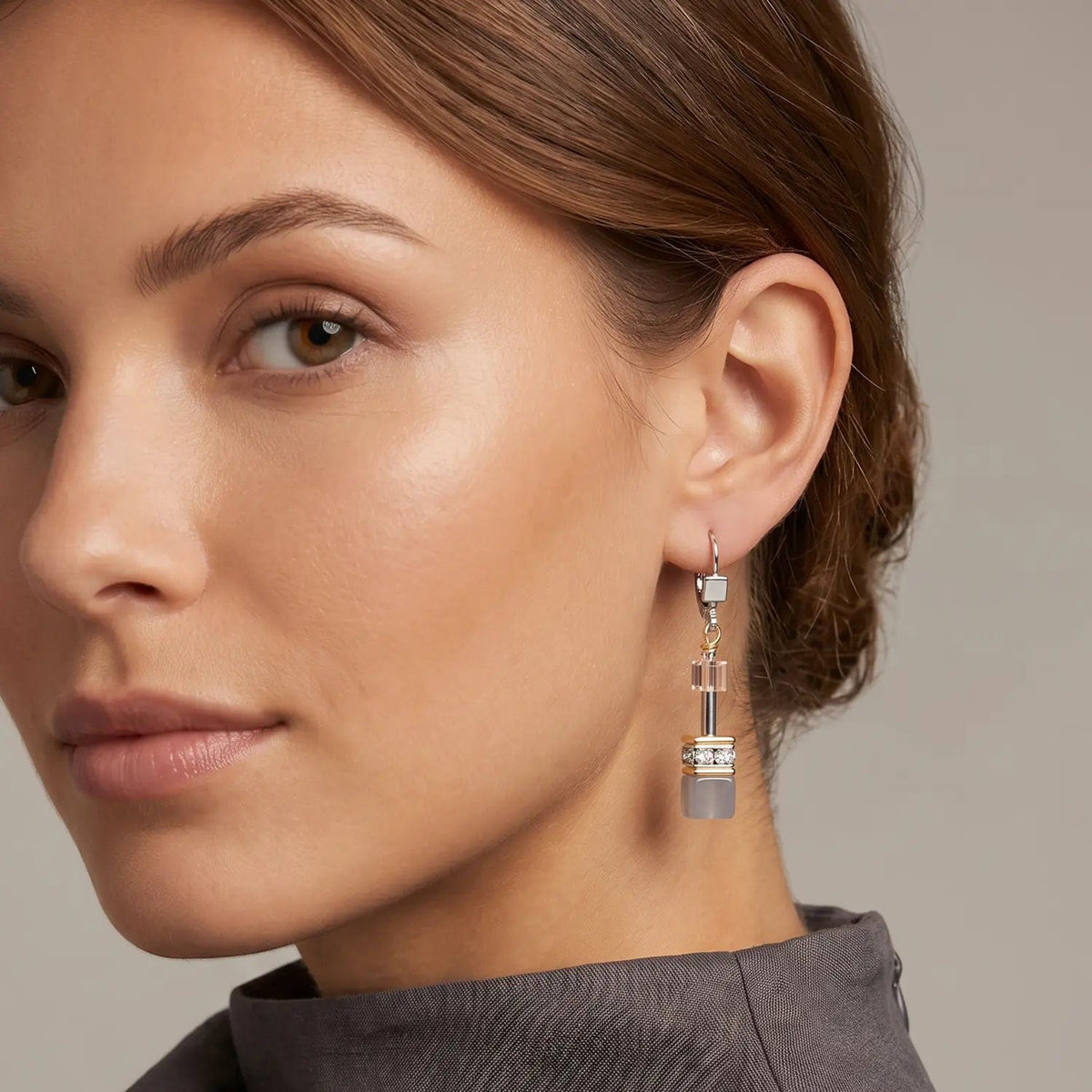 EAR Agate & Hematite Grey Gold Geo Cube Drop Earrings
