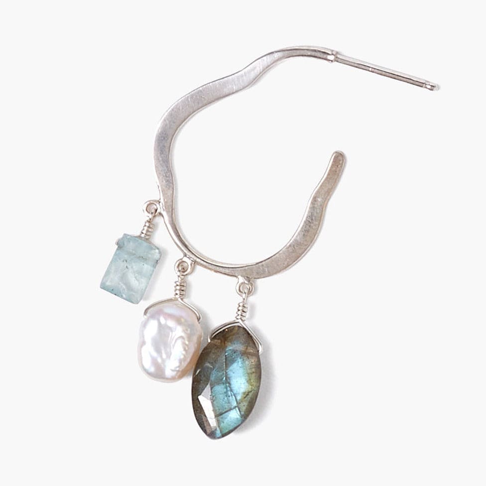 EAR Aquamarine Mix Silver Wave Hoops