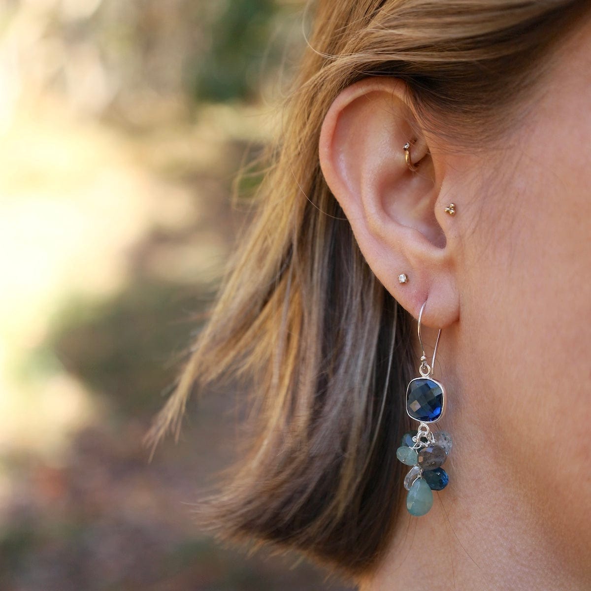 EAR Bezel Set Square Blue Quartz Earrings