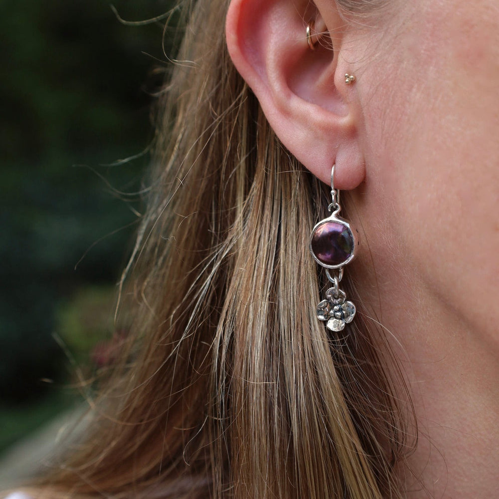 EAR Black Coin Pearl with Dogwood Drop Earrings