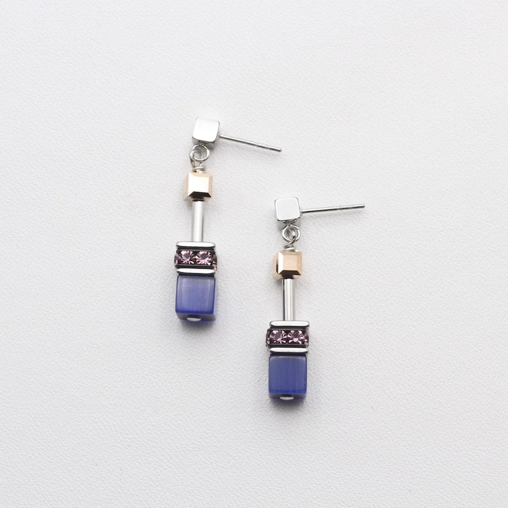 EAR BLUE AND BROWN CAT EYE GEO CUBE EARRING