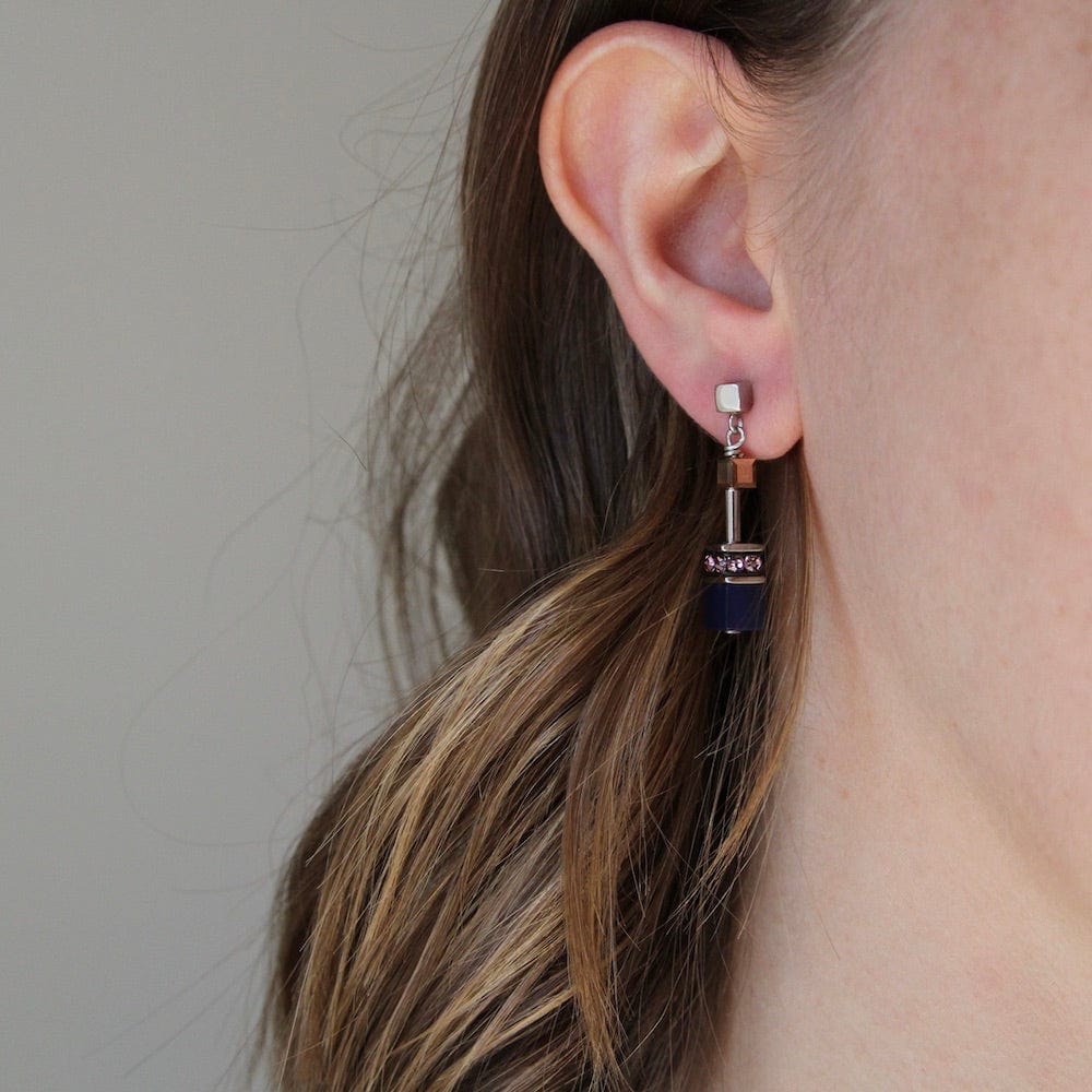 EAR BLUE AND BROWN CAT EYE GEO CUBE EARRING