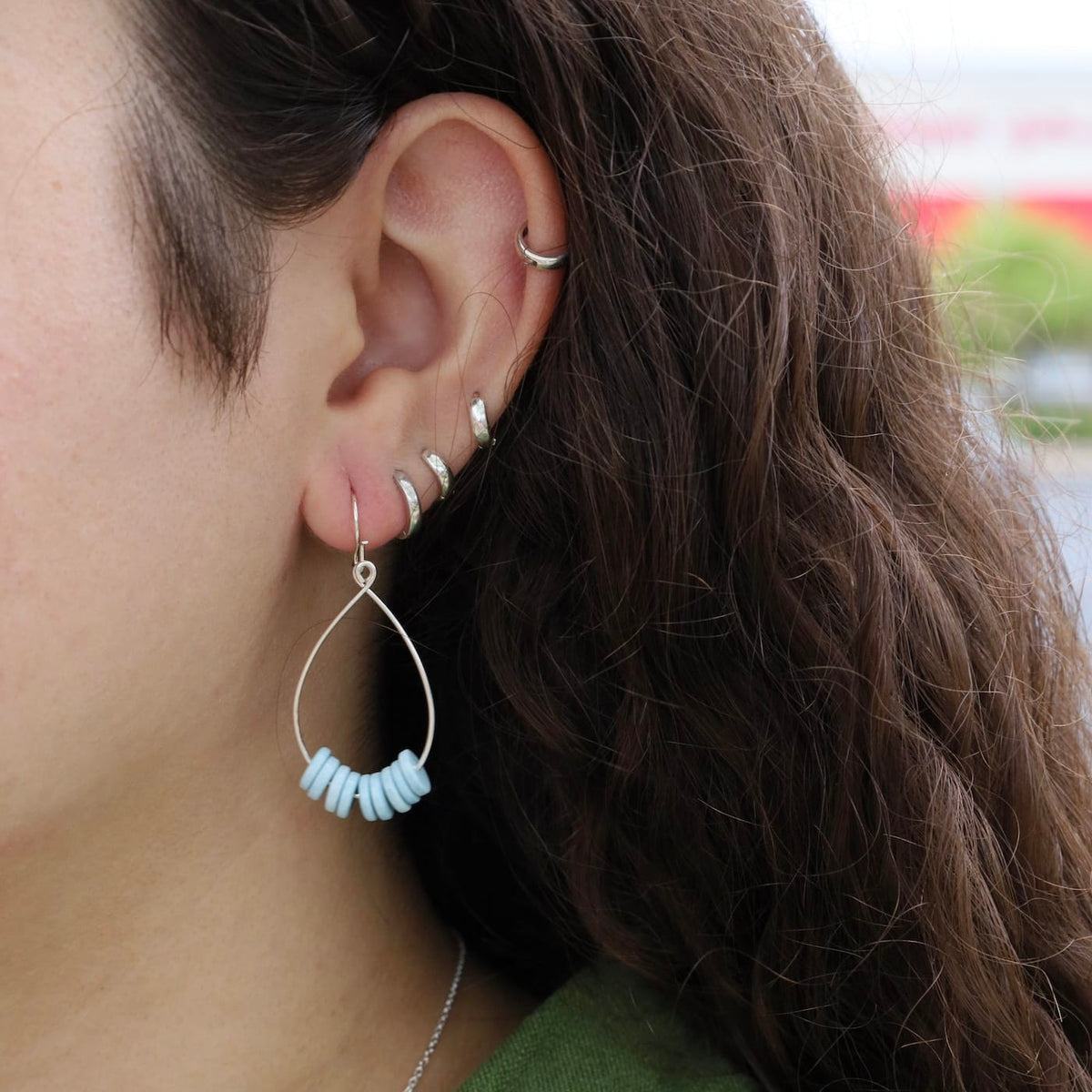 EAR Blue Denim Heishi String Beads Sterling Silver Teardrop Earrings