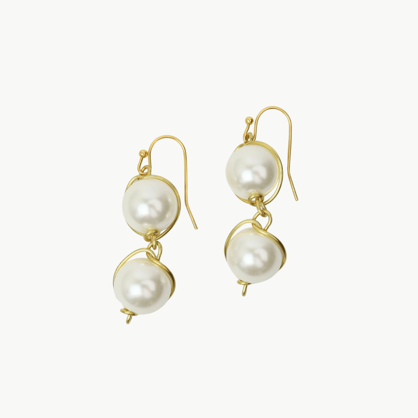 EAR-BRASS 12mm Glass Pearl 2 Drop From Ear Wire - Shiny Bras