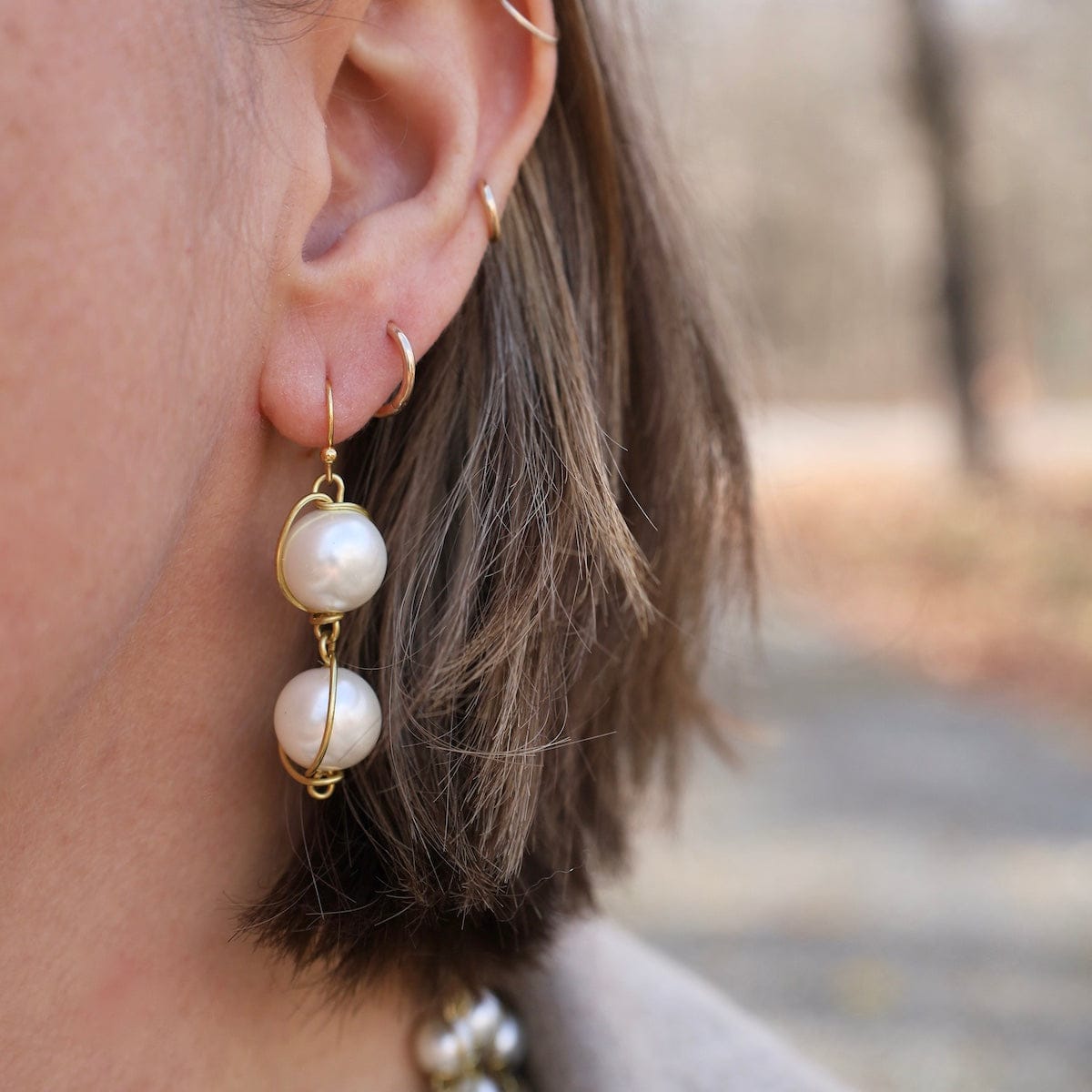 EAR-BRASS 12mm Glass Pearl 2 Drop From Ear Wire - Shiny Bras