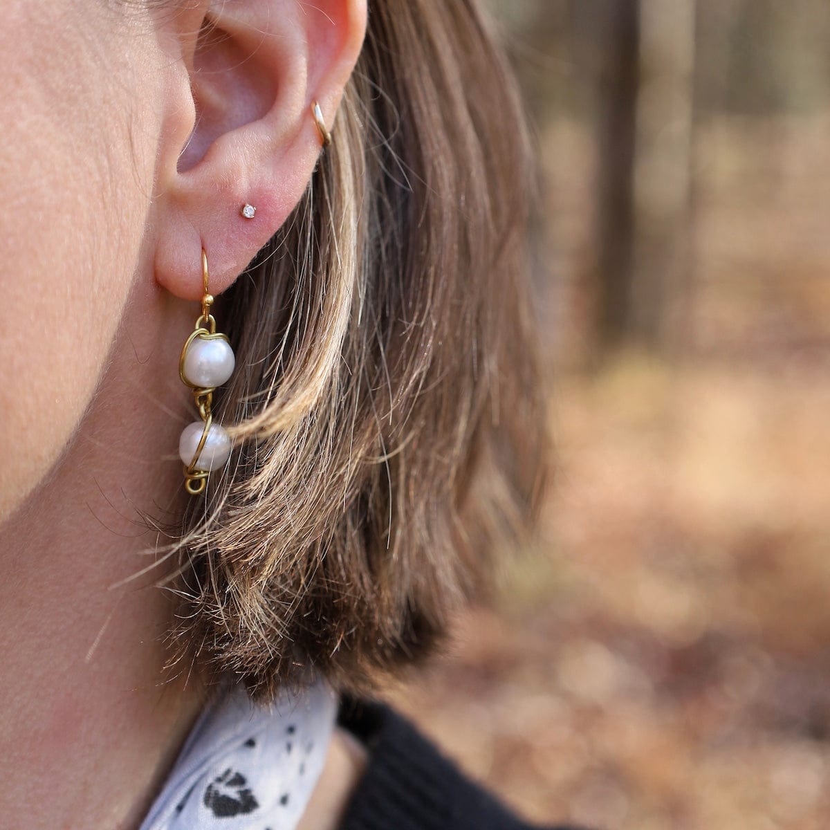 EAR-BRASS 8mm Glass Pearl 2 Drop From Ear Wire - Shiny Brass