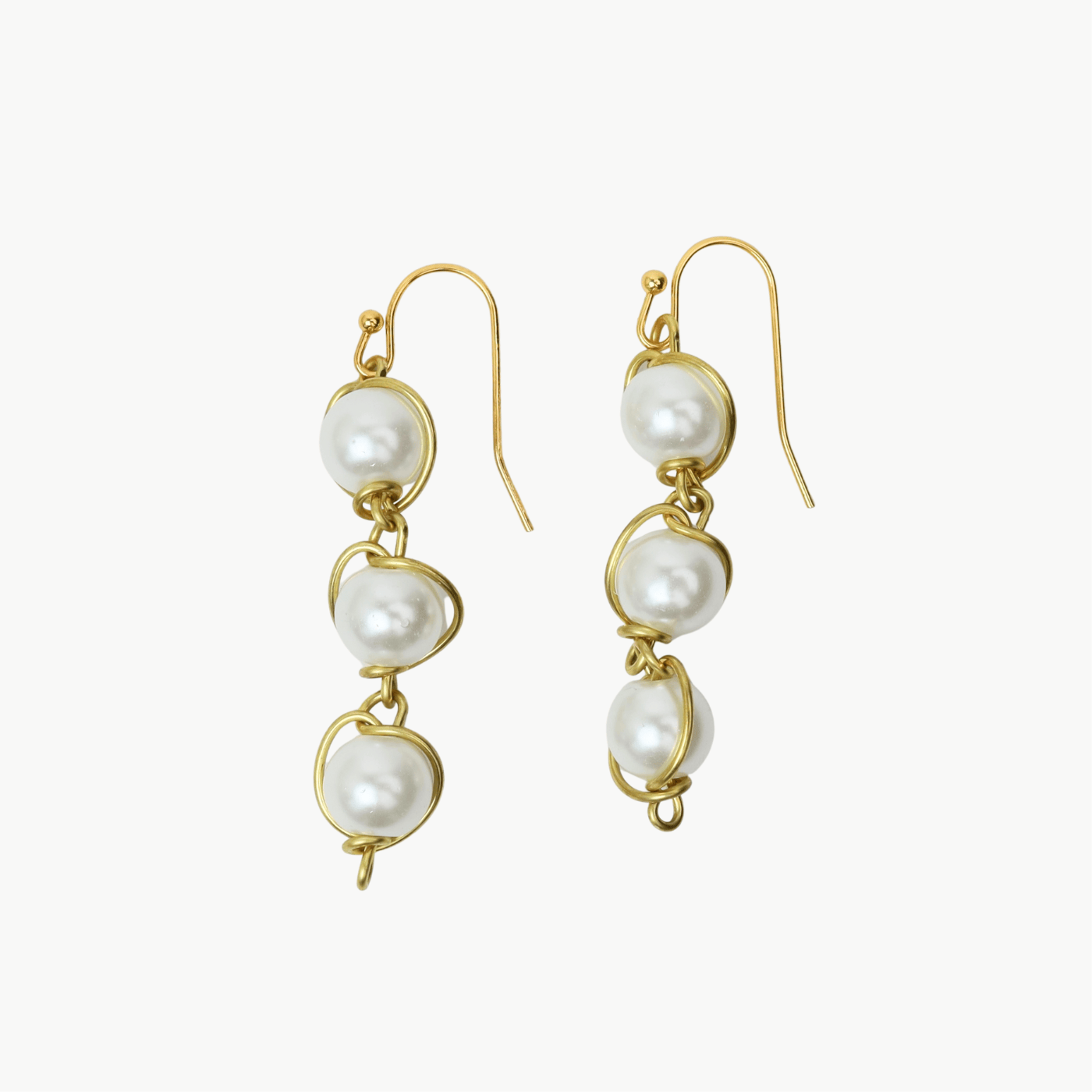 EAR-BRASS 8mm Glass Pearl 3 Drop From Ear Wire - Shiny Brass