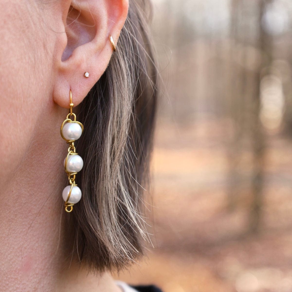 EAR-BRASS 8mm Glass Pearl 3 Drop From Ear Wire - Shiny Brass