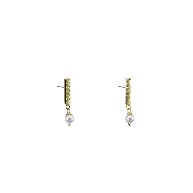 EAR-BRASS Brass Dot Bar with Pearl Earrings