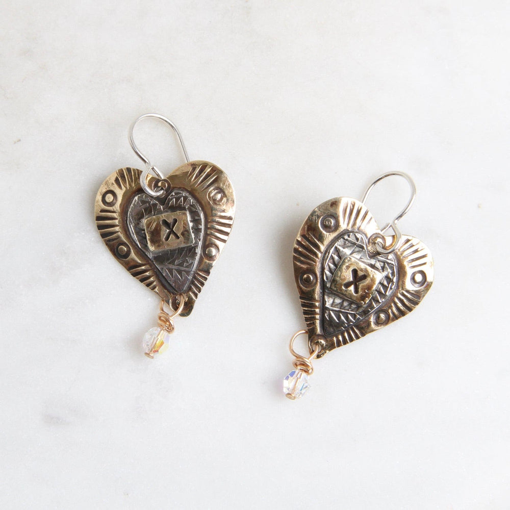 EAR-BRASS Brass Stamped Heart with Crystal Drop Earrings