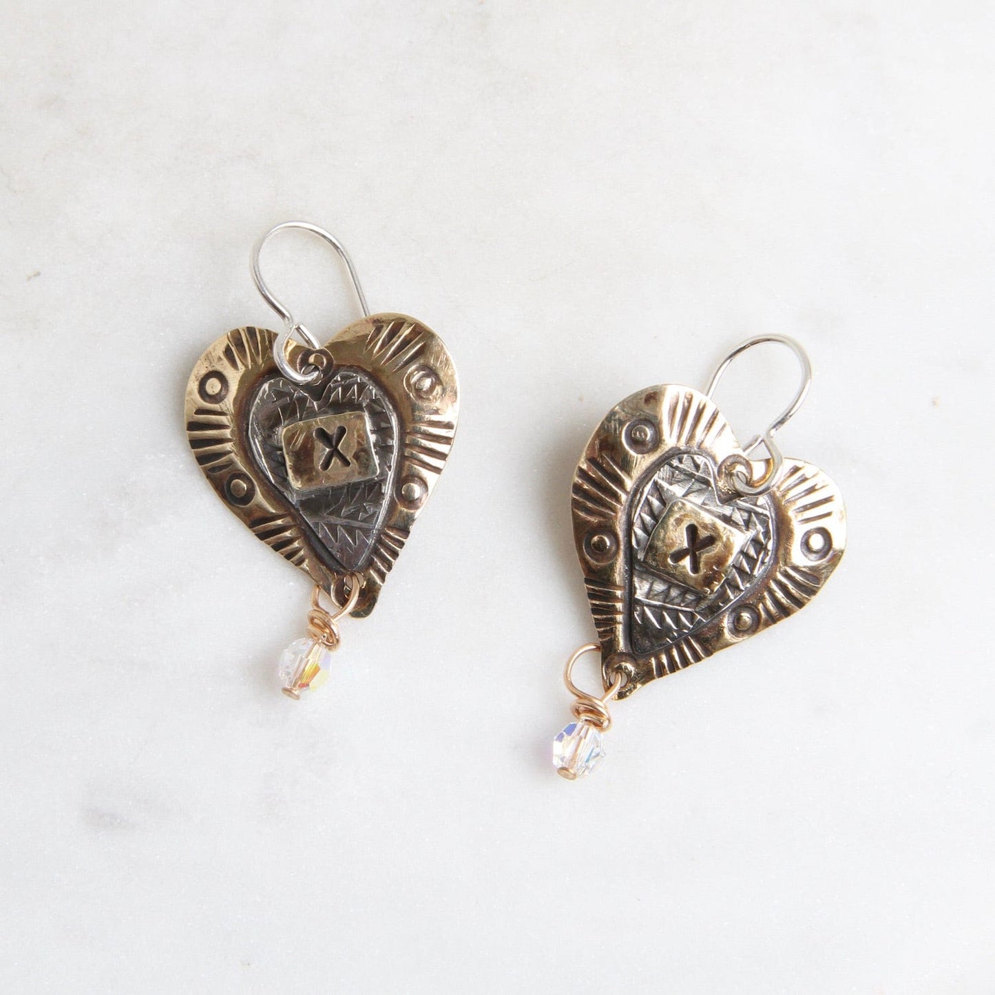 EAR-BRASS Brass Stamped Heart with Crystal Drop Earrings