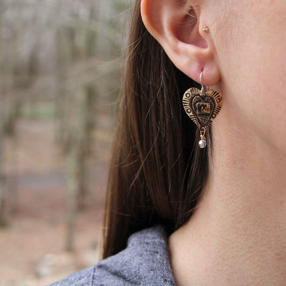 EAR-BRASS Brass Stamped Heart with Crystal Drop Earrings