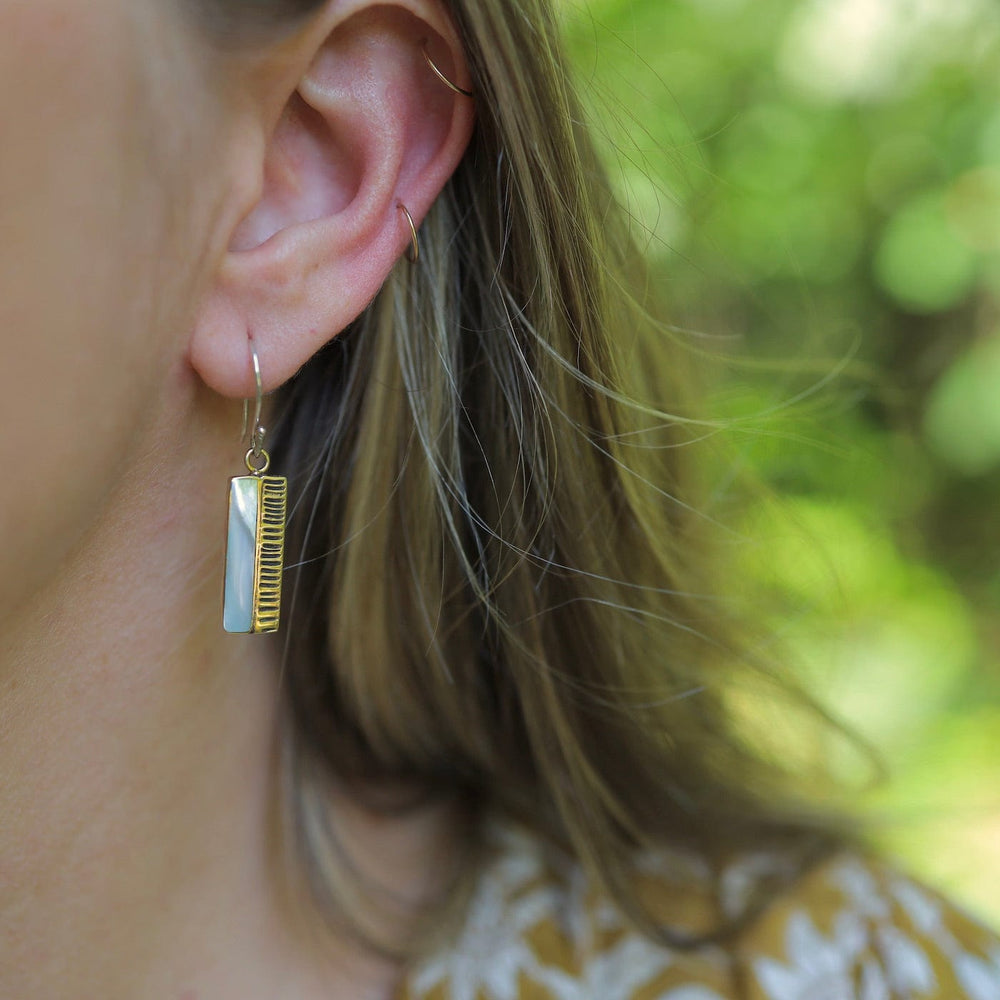 EAR-BRASS Etched Solid Brass Dangle with Mother of Pearl Earring