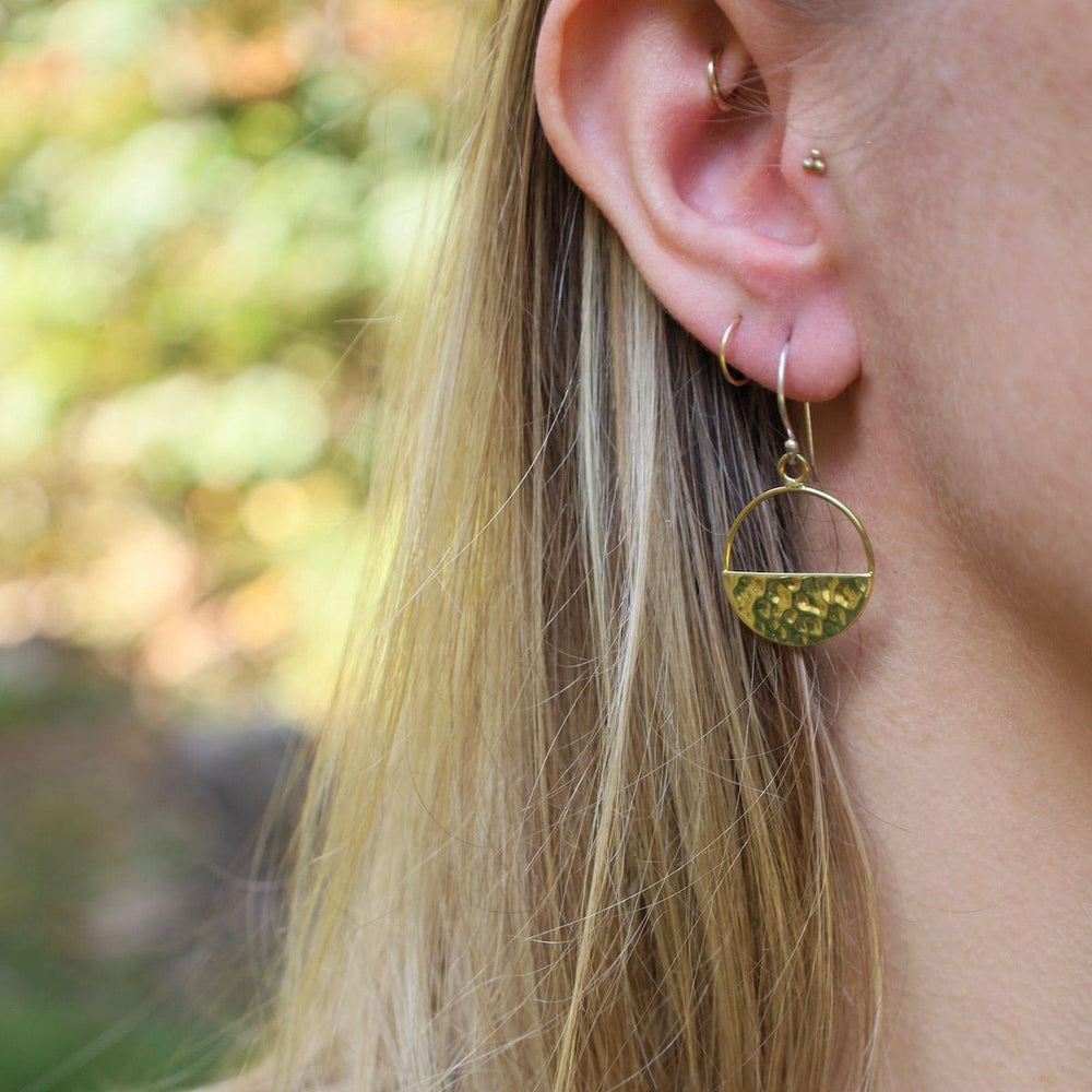 EAR-BRASS Half Circle Hammered Brass Dangle Earrings