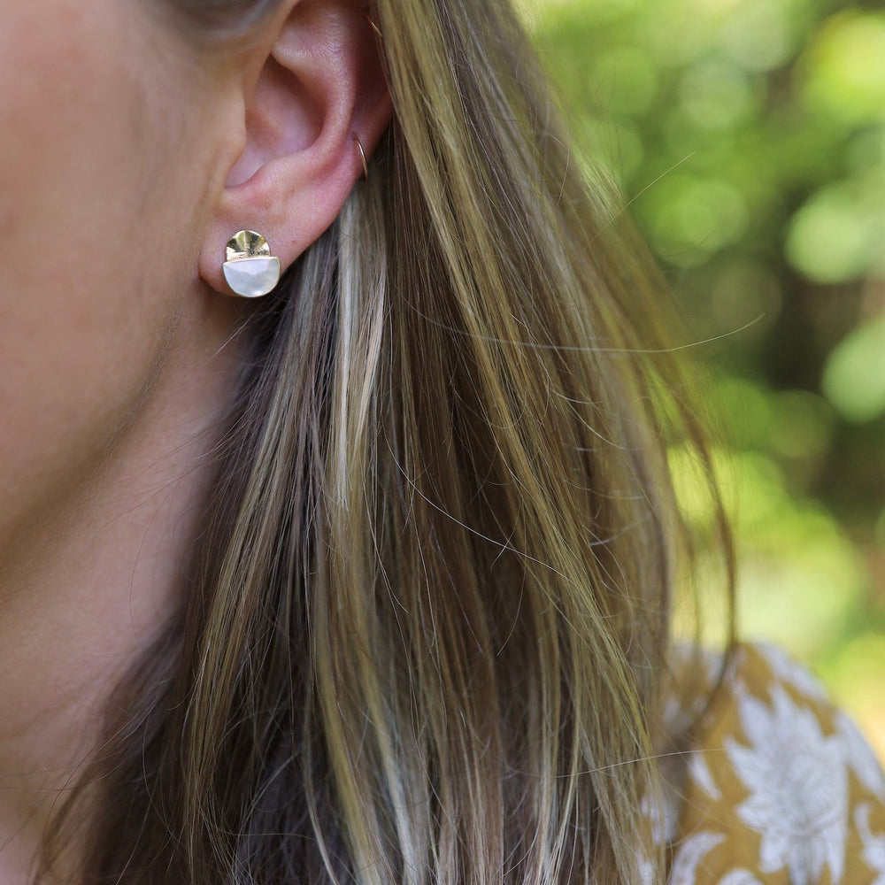 EAR-BRASS Solid Brass Fan Stud with Mother of Pearl Earring