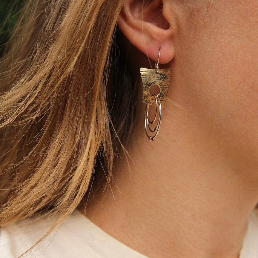 EAR Brass Squares with Sterling Silver Rings Earring