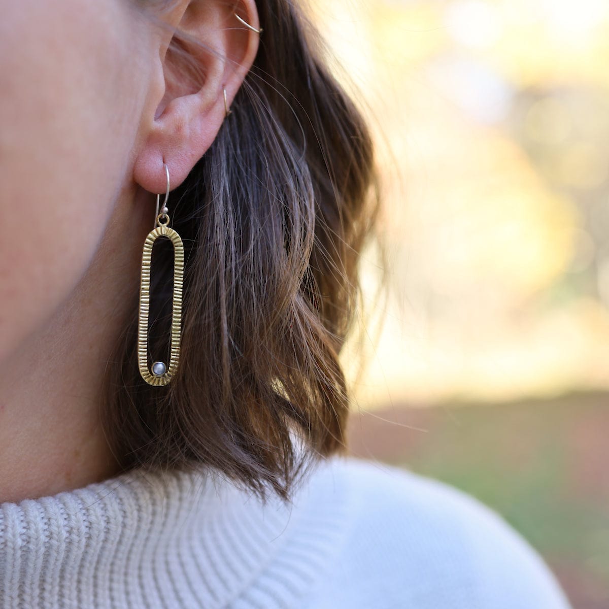 EAR-BRASS Textured Solid Brass Oval with Pearl Dot Earring