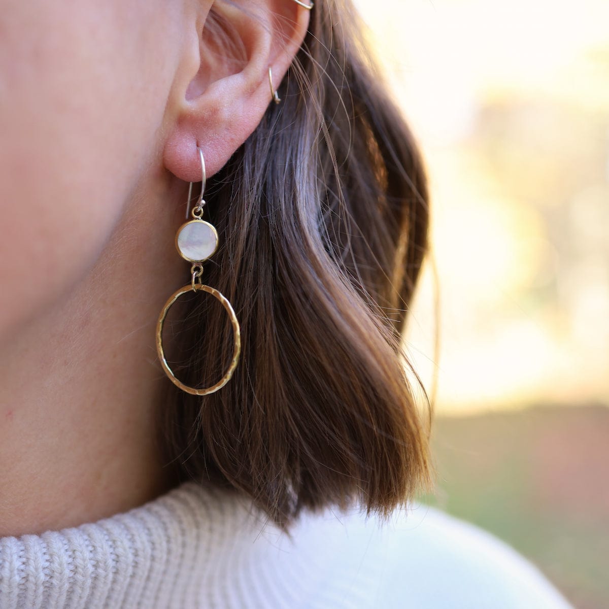 EAR-BRASS Textured Solid Brass with Mother of Pearl Earring