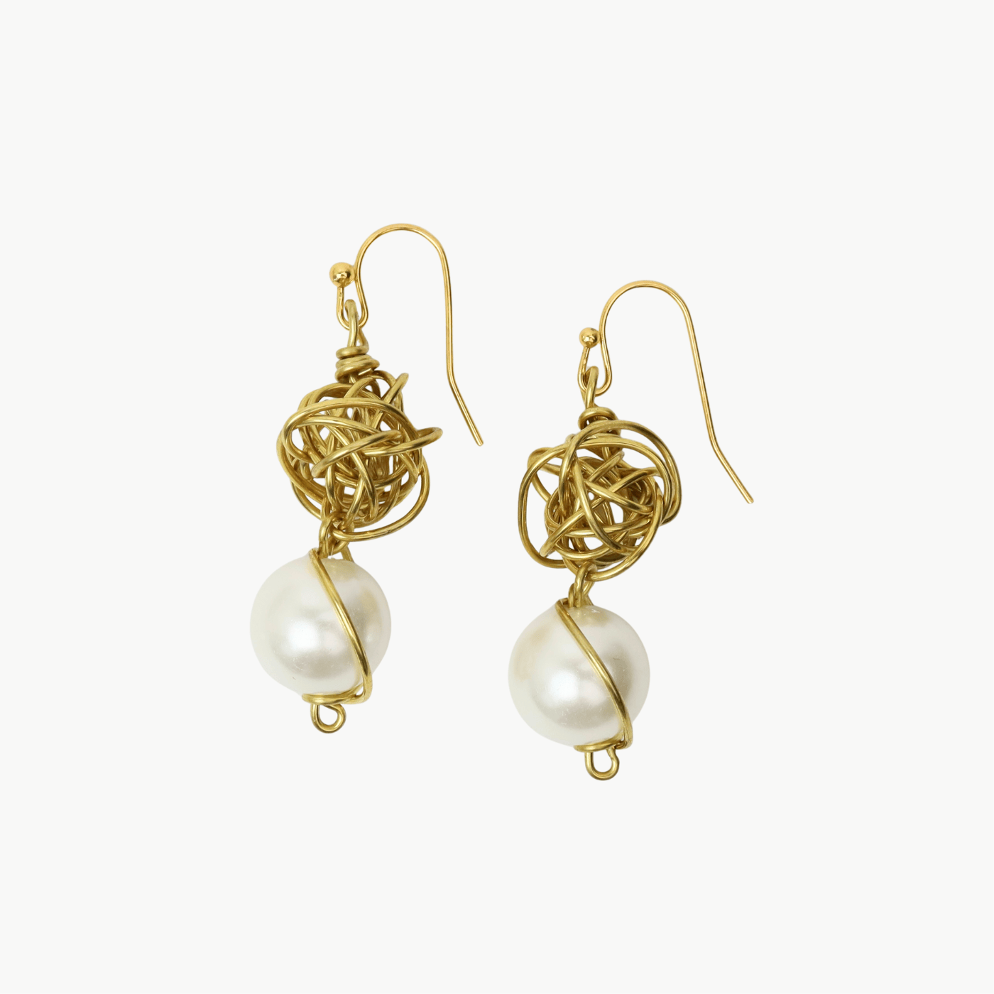 EAR-BRASS Wire Knot & 12mm Glass Pearl 2 Drop From Ear Wire