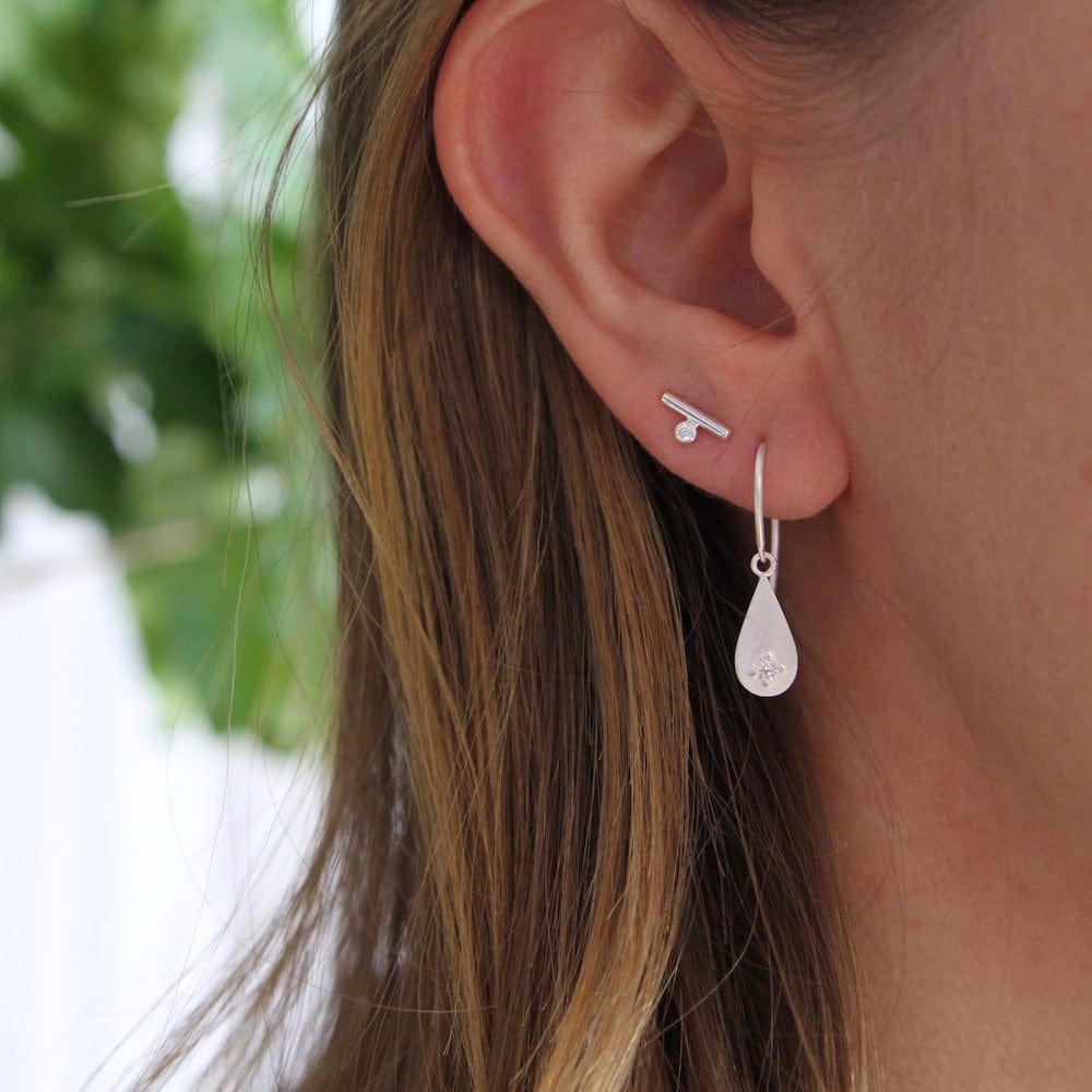 EAR Brushed Sterling Silver Dewdrop with Cubic Zirconium Earring