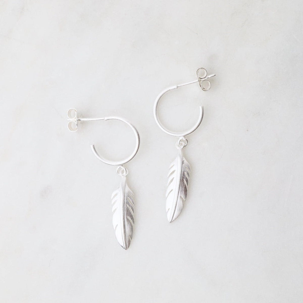 EAR Brushed Sterling Silver Hoops With Feathers